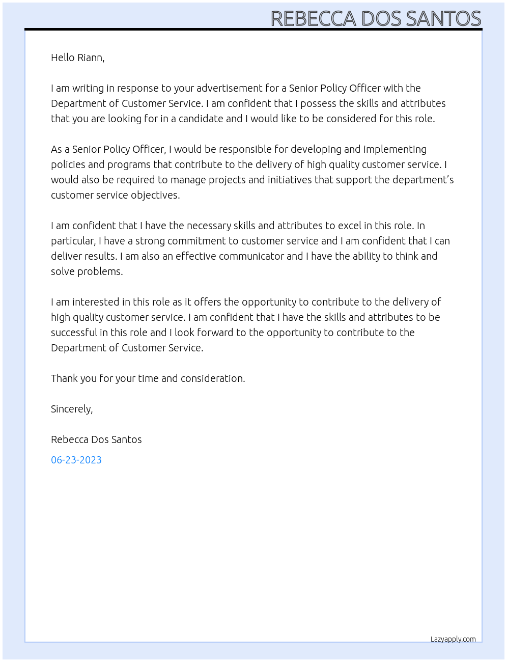 Senior Policy Officer At Department of Customer Service Cover Letter