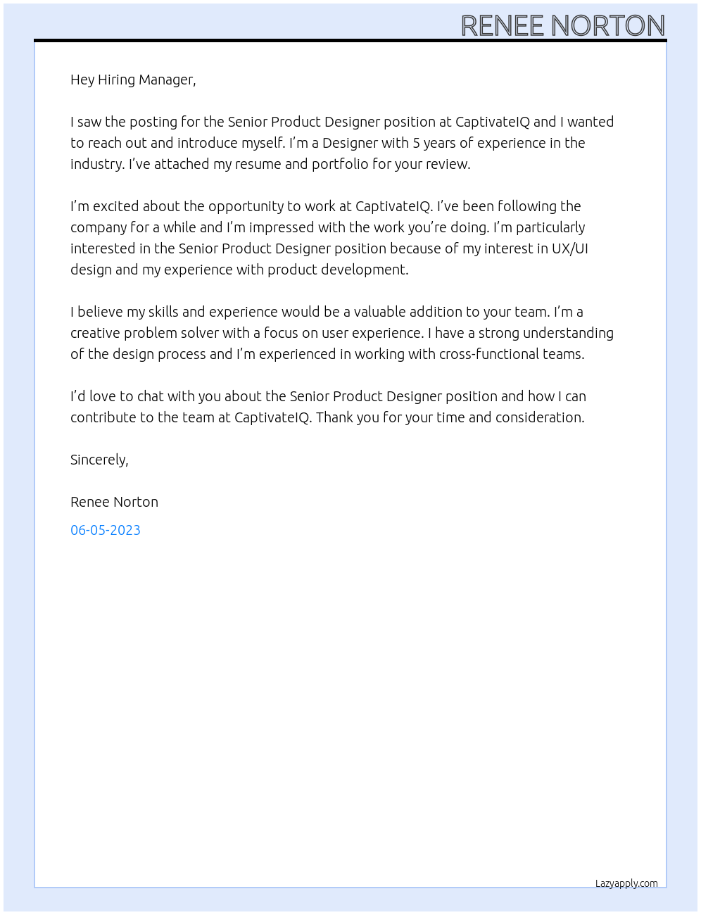 Senior Product Designer At CaptivateIQ Cover Letter