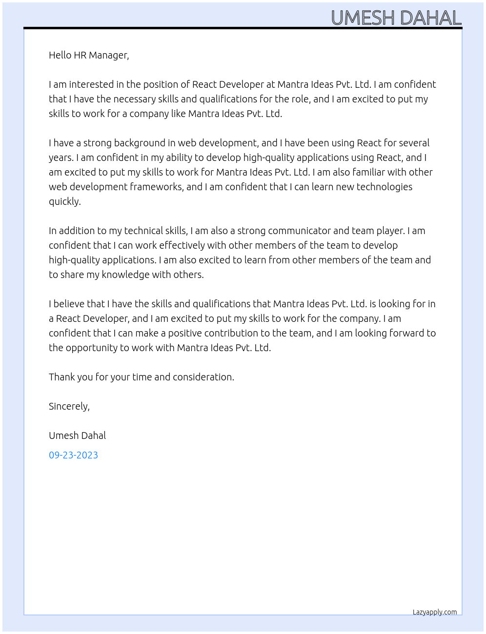 React Developer At Mantra Ideas Pvt. Ltd. Cover Letter