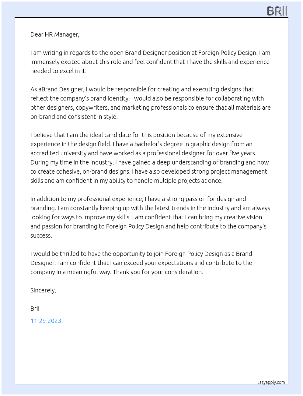 Brand Designer At Foreign Policy Design Cover Letter