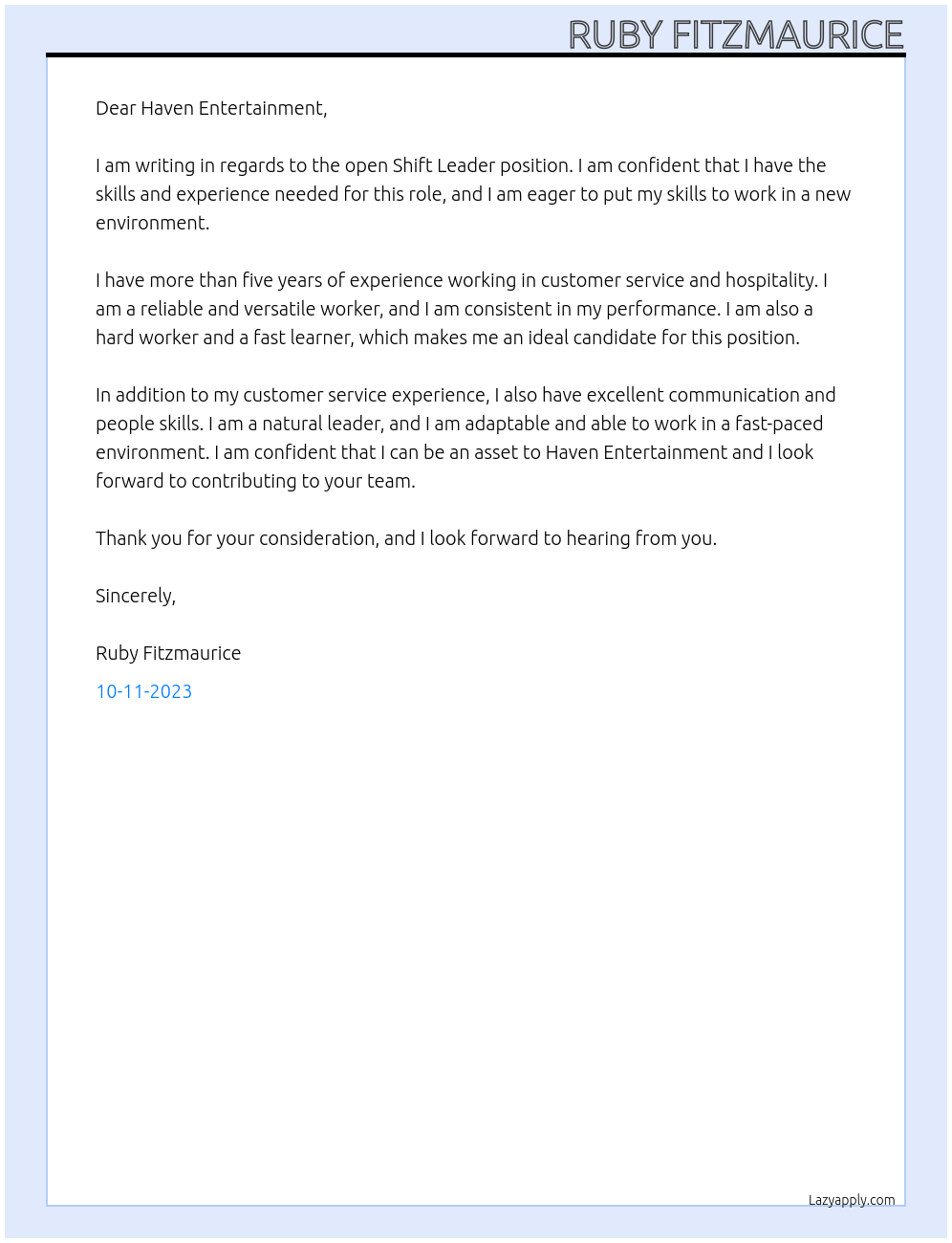 Shift Leader At Haven Cover Letter