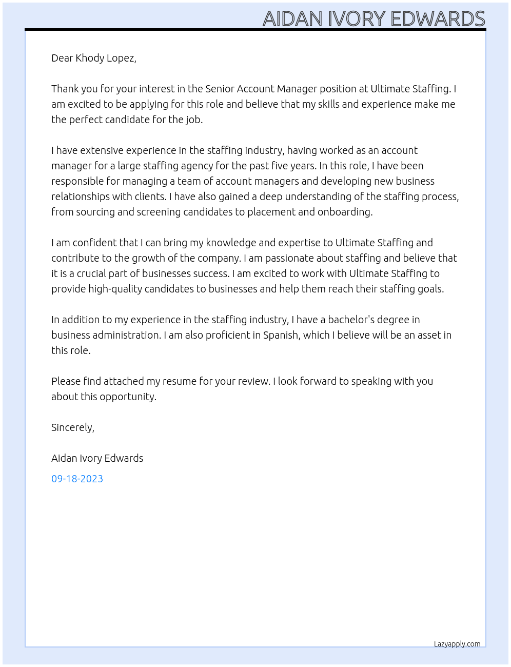 Senior Account Manager At Ultimate Staffing Cover Letter