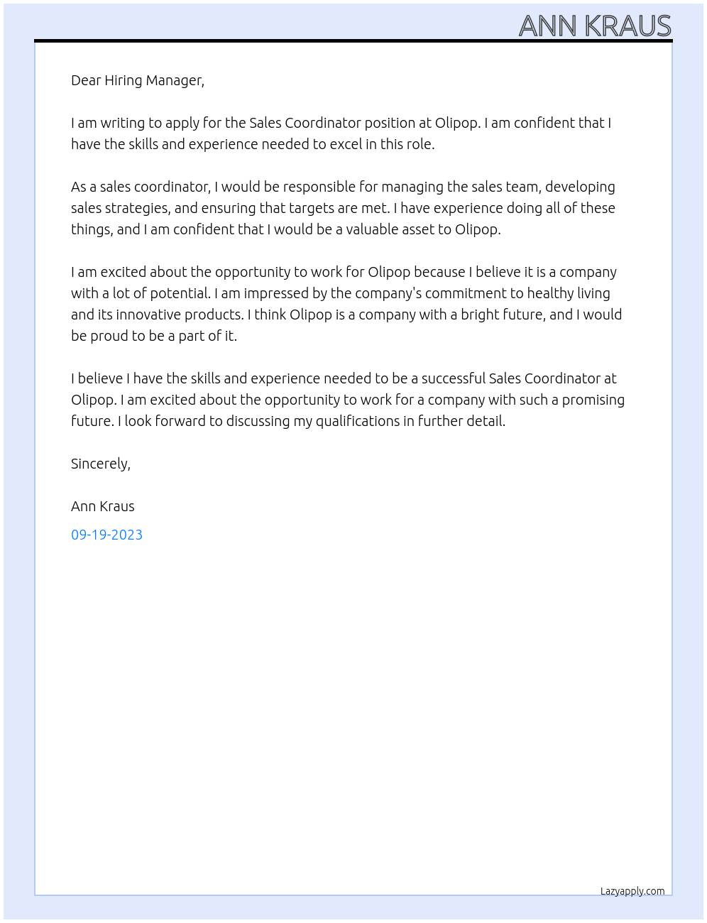 Sales Coordinator At Olipop Cover Letter