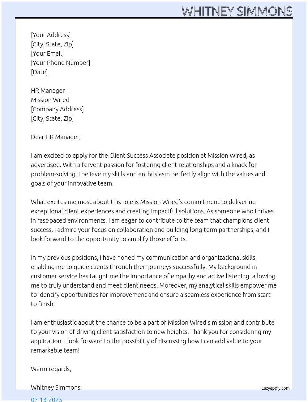 Cover letter for client success associate - LazyApply