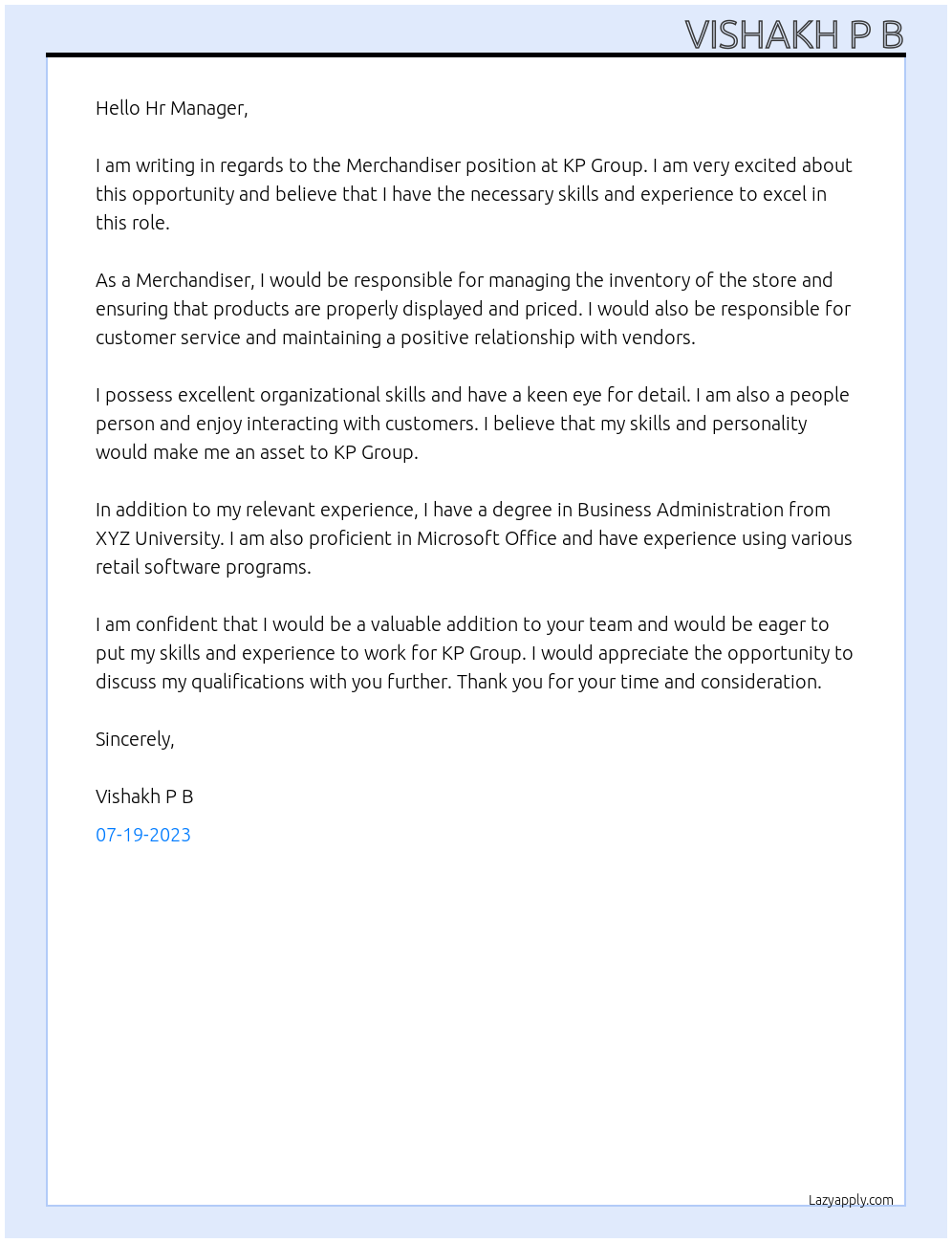 Merchandiser At KP Group Cover Letter