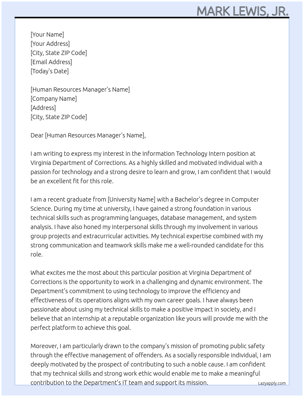 Information Technology Intern At Virginia Department of Corrections Cover Letter