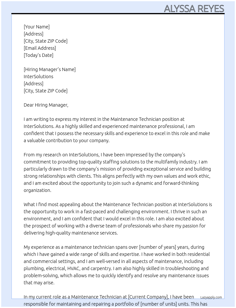 Maintenance Technician At InterSolutions Cover Letter