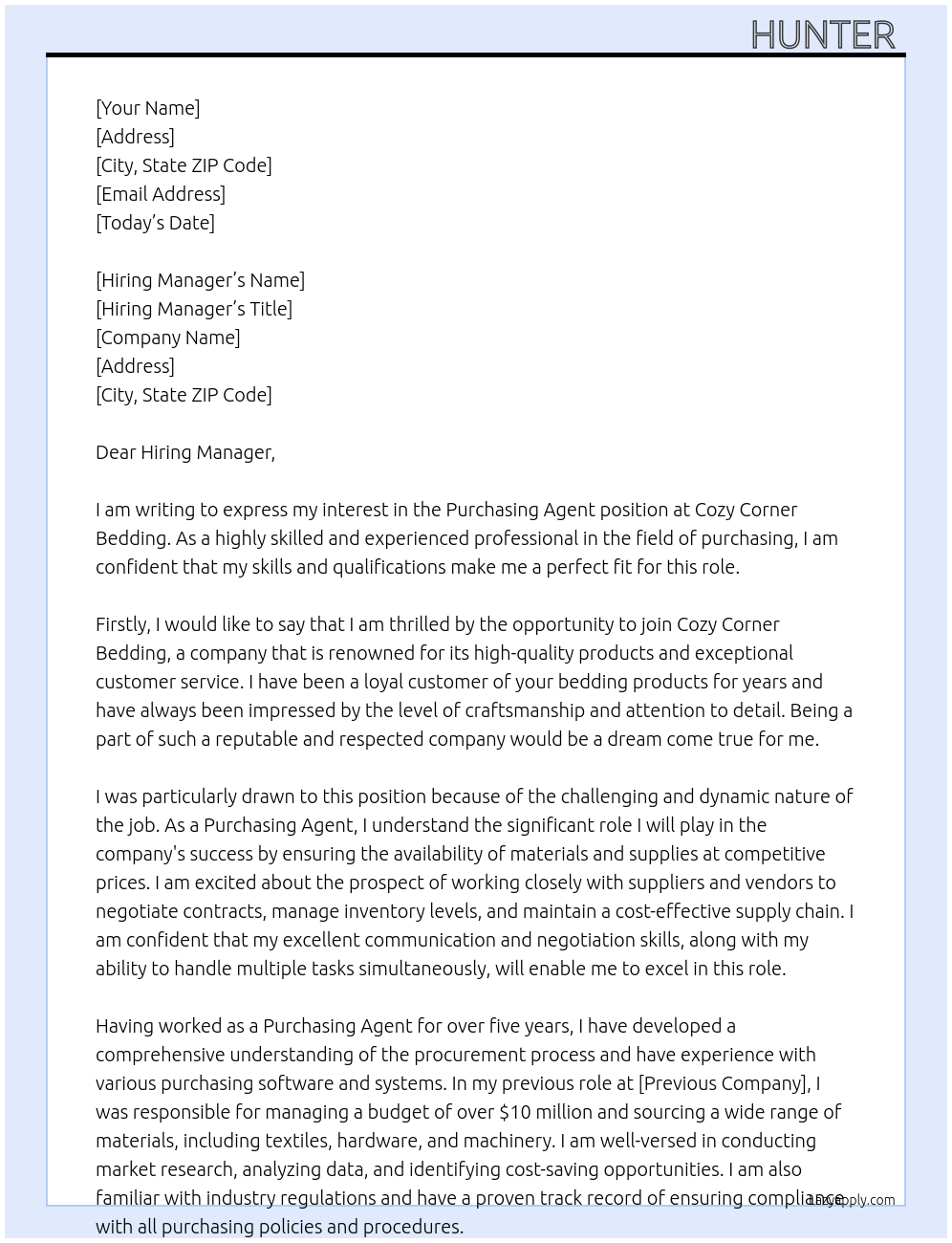 Purchasing Agent  At Cozy Corner Bedding  Cover Letter