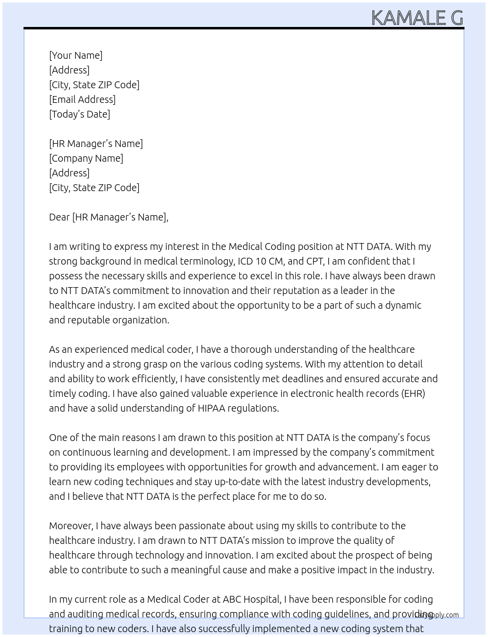 Medical coding At NTT DATA Cover Letter