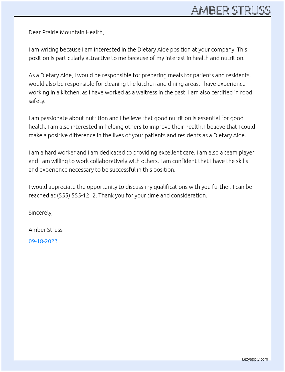 Dietary Aide At Prairie Mountain Healrh Cover Letter