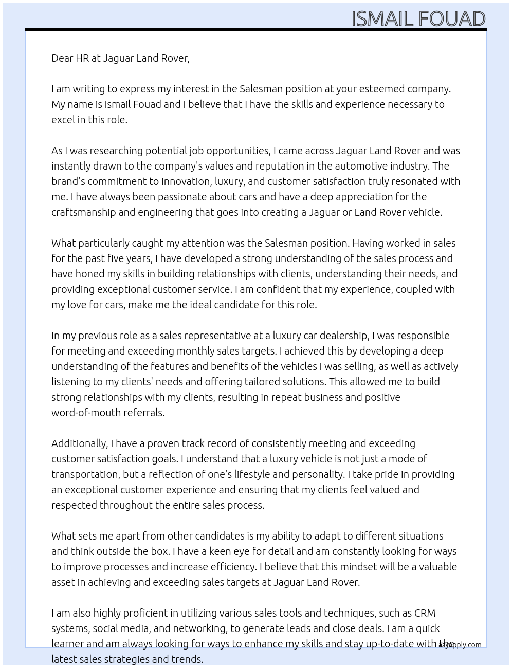 Salesman At Jaguar Land Rover Cover Letter