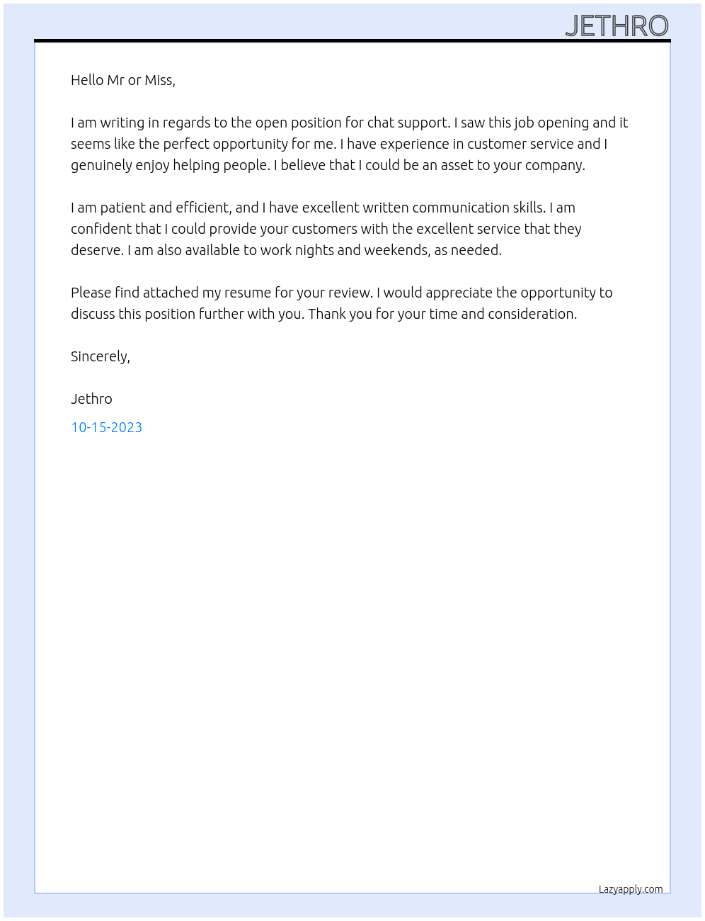 chat support At Mr or Miss Cover Letter