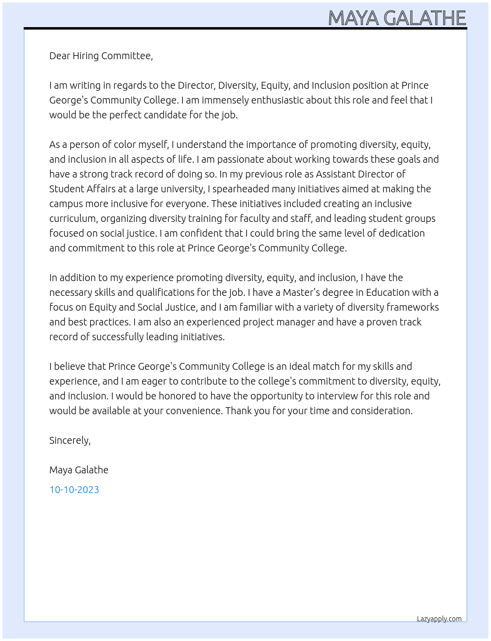 Cover letter for director, diversity, equity, and inclusion - LazyApply