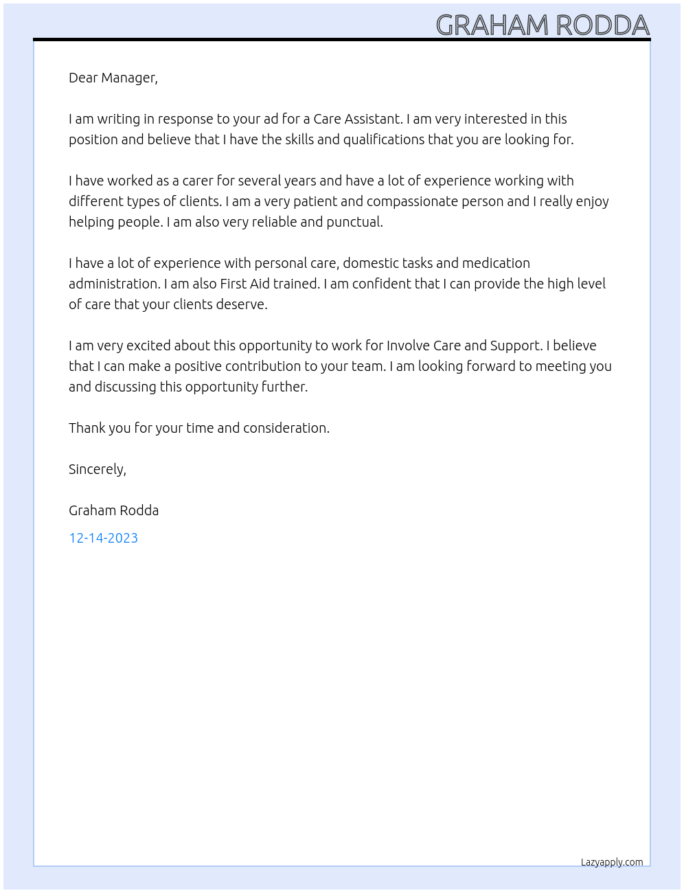 Care Assistant At Involve Care and Support Cover Letter