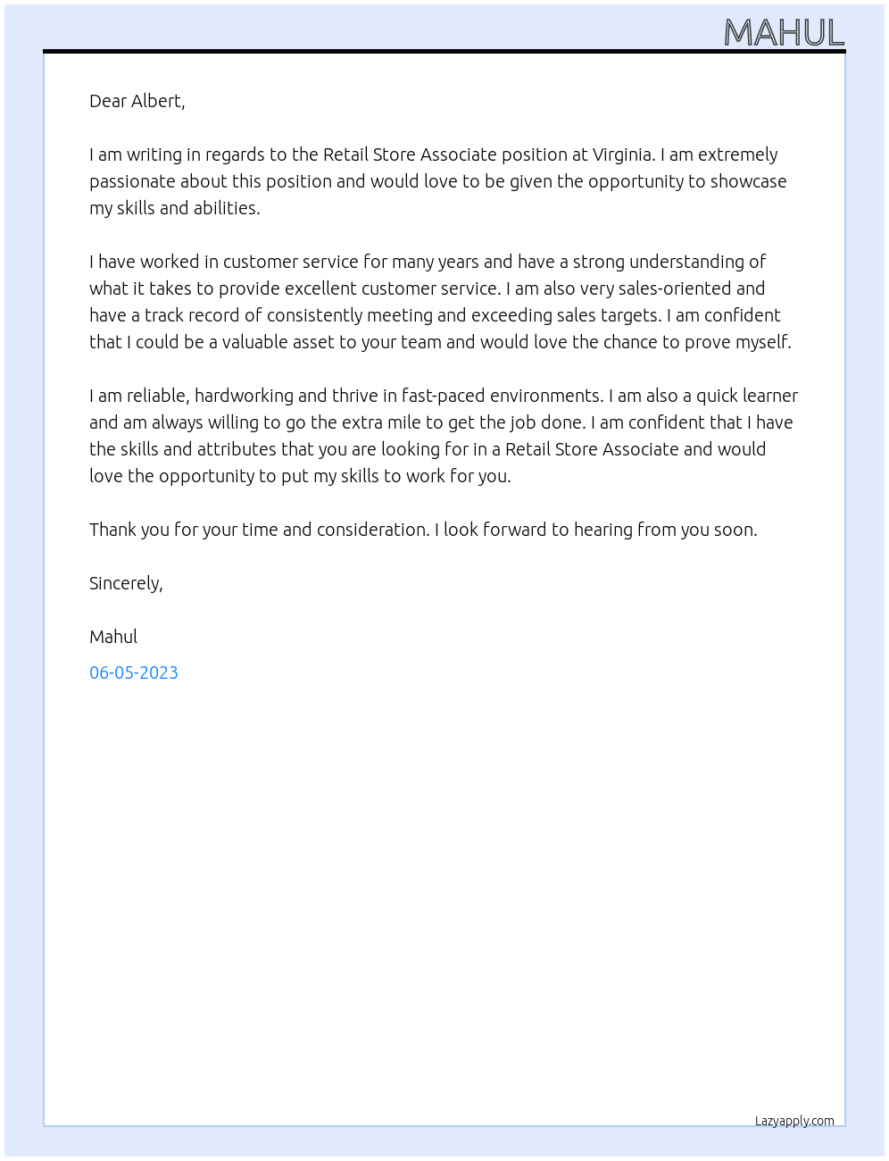 Retail store Associate At Virginia Cover Letter