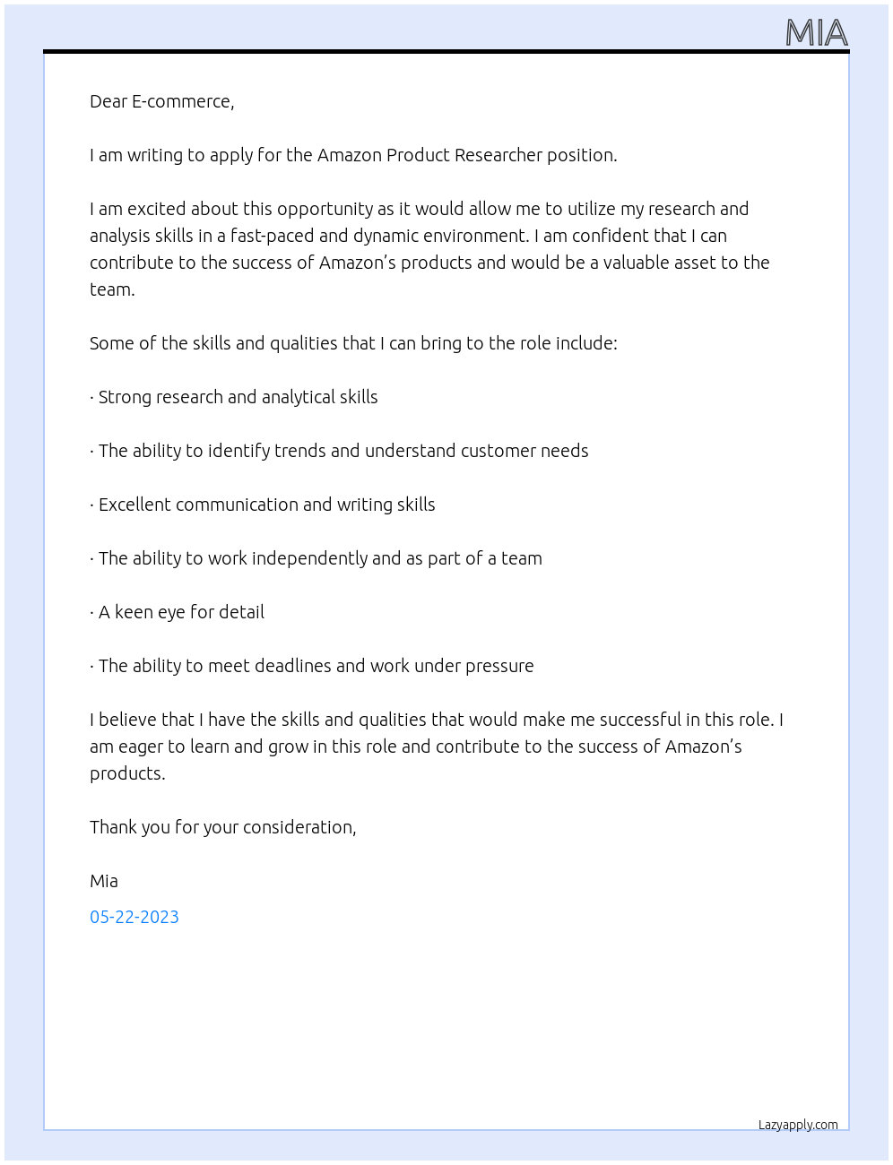 Amazon Product Researcher At E-commerce Cover Letter