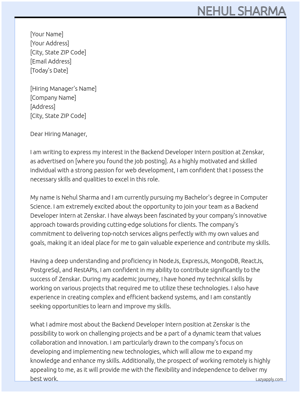 Backend Developer Intern At Zenskar Cover Letter