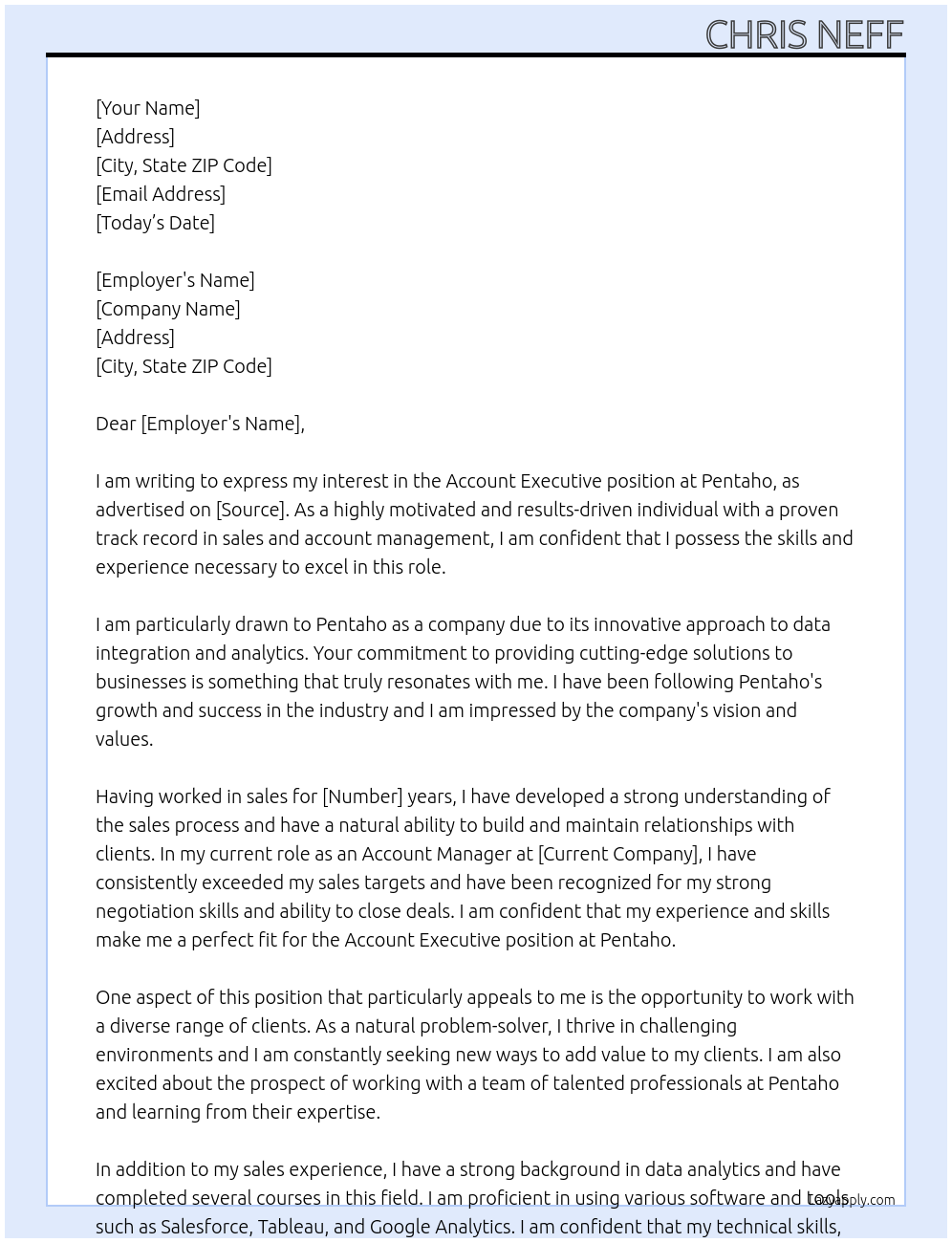 Account Executive At Pentaho Cover Letter