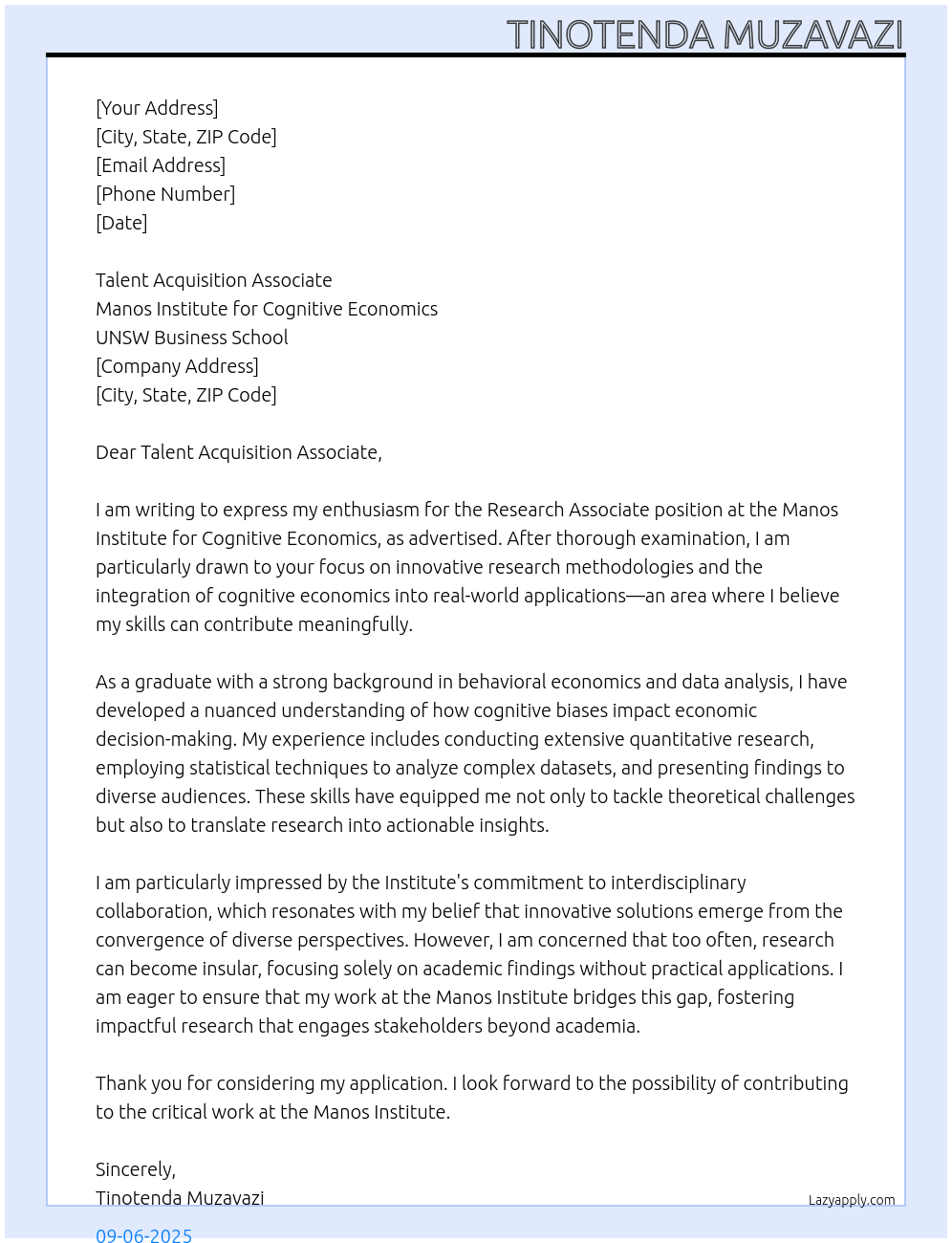 Research Associate At Manos Institute for Cognitive Economics, UNSW Business School Cover Letter