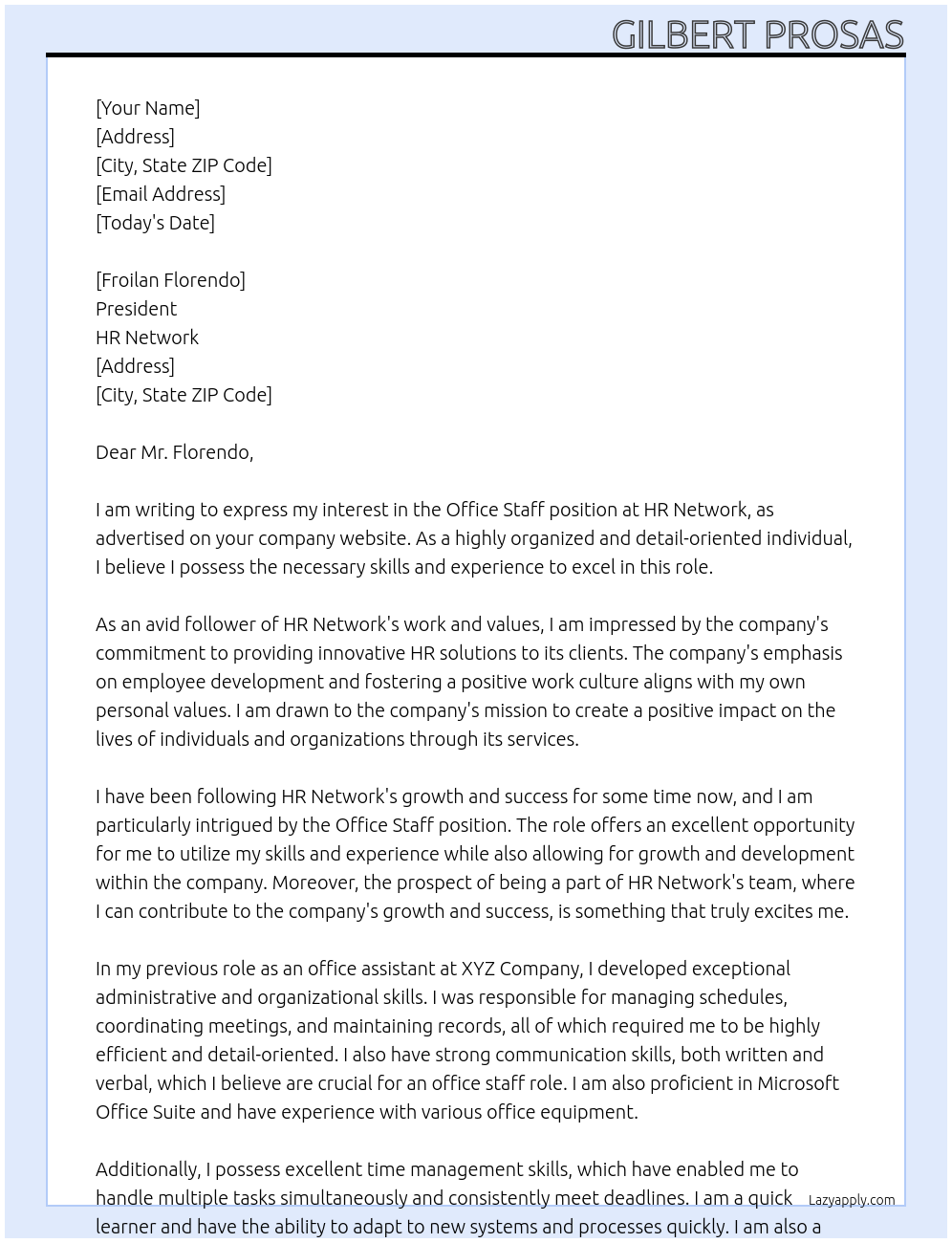 Office staff At HR Network Cover Letter