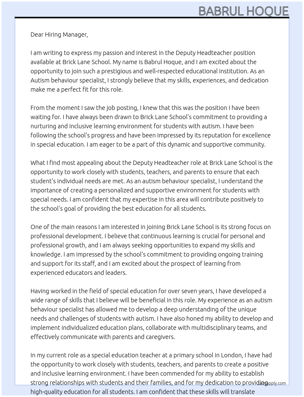 DEPUTY HEADTEACHER At Brick Lane School Cover Letter