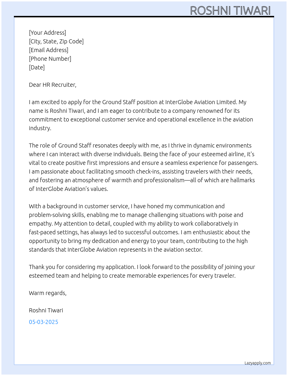 Ground staff At InterGlobe Aviation Limited Cover Letter