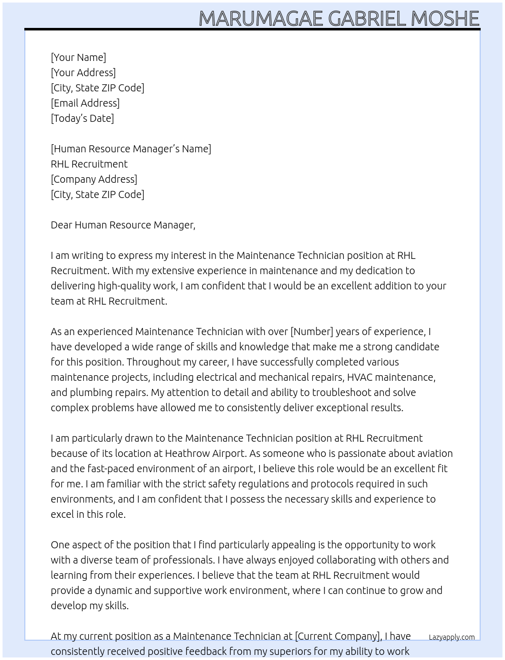 Maintenance Technician At RHL Recruitment Cover Letter