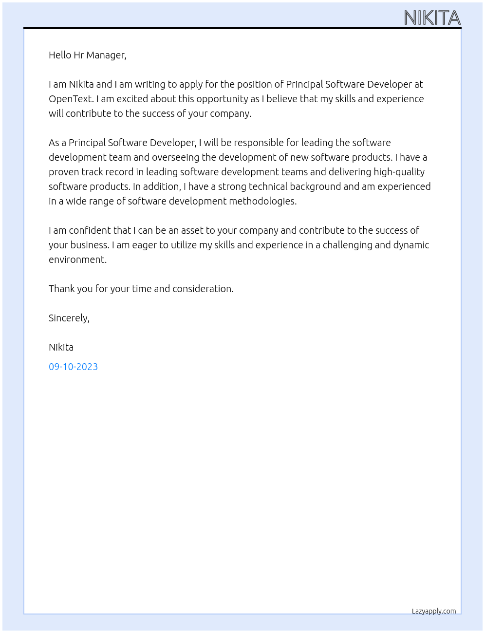 Principal Software Developer At OpenText Cover Letter