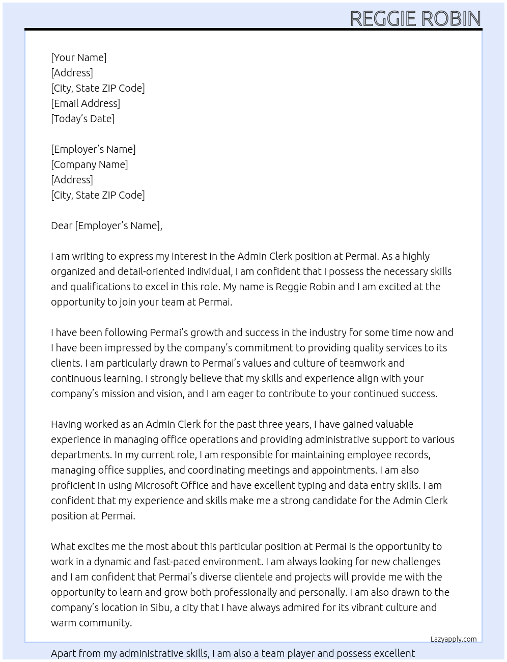 admin clerk At Permai Cover Letter