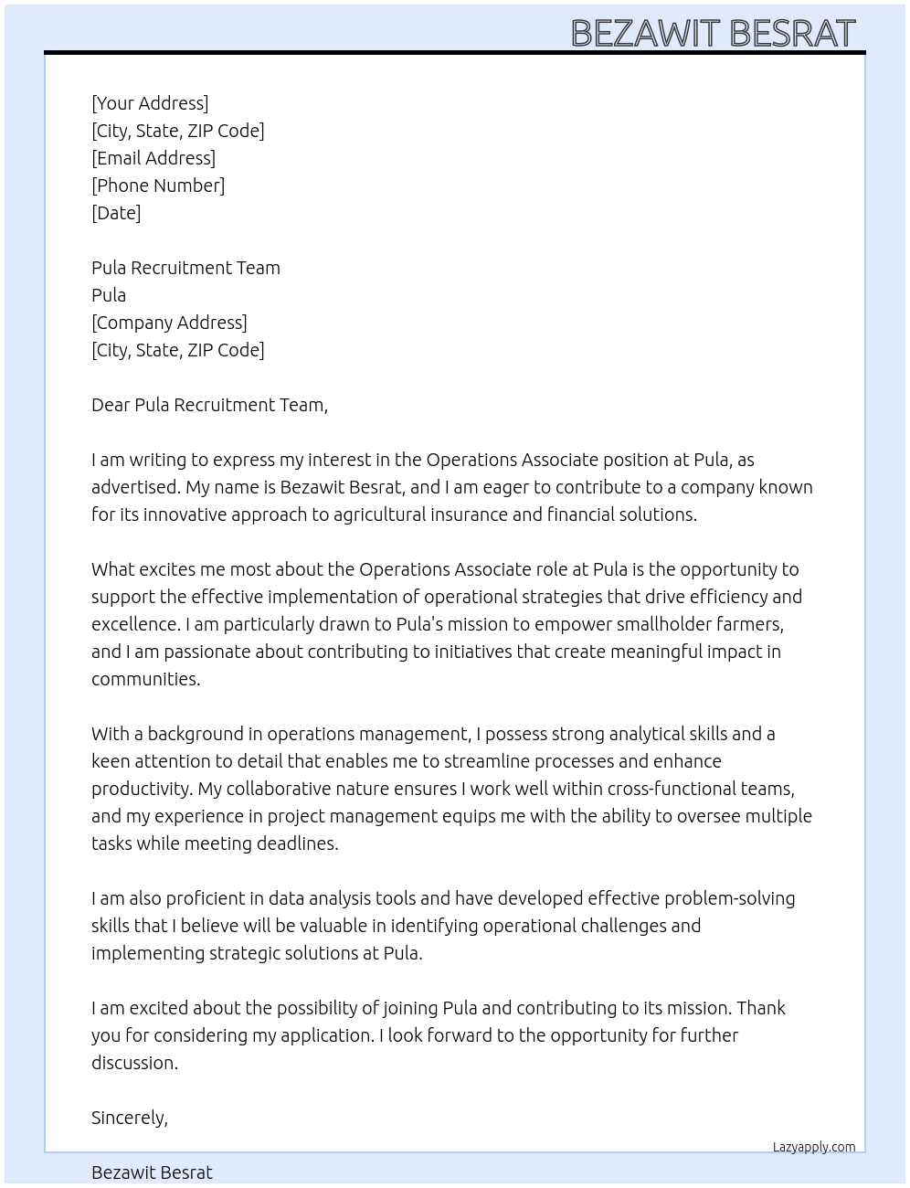 Operations associate At Pula Cover Letter