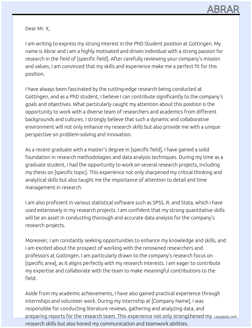 PhD Student At Gottingen Cover Letter