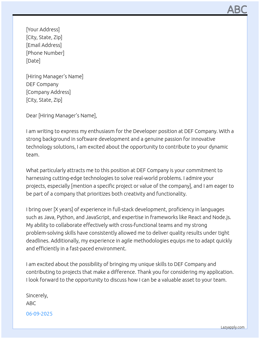 developer At def Cover Letter
