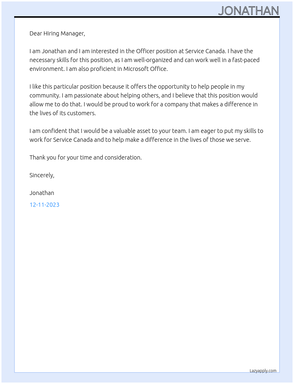 Officer At Service Canada Cover Letter