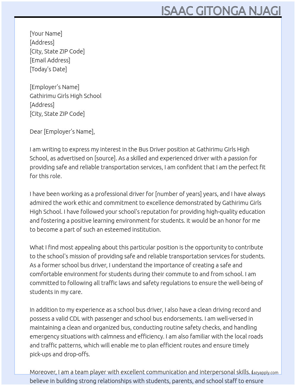 Bus Driver At Isaac Gitonga Njagi Cover Letter