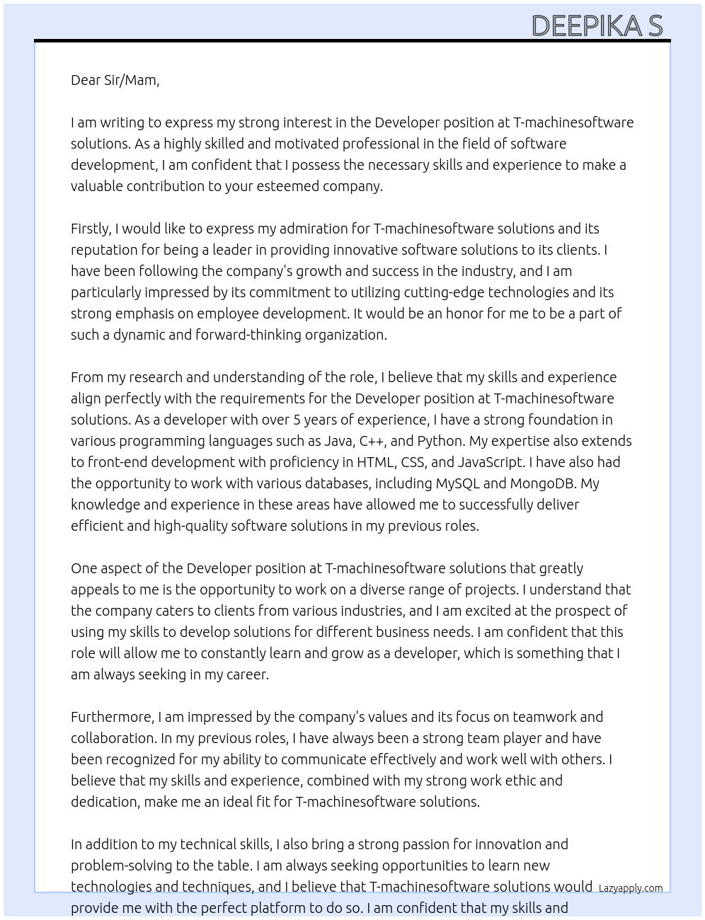 Developer At T-machinesoftware solutions Cover Letter