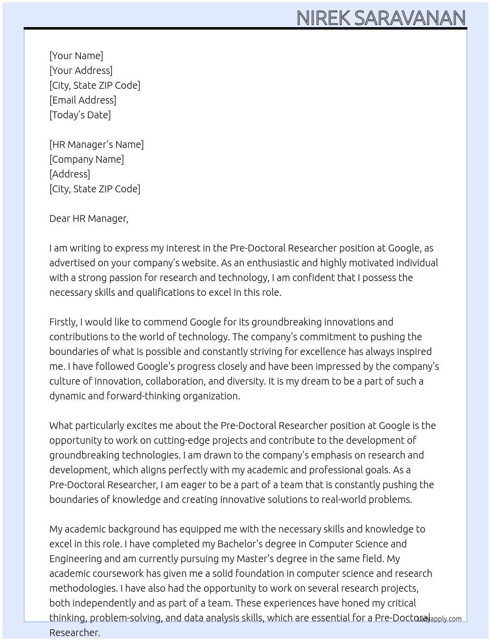 Pre-Doctoral Researcher At Google Cover Letter