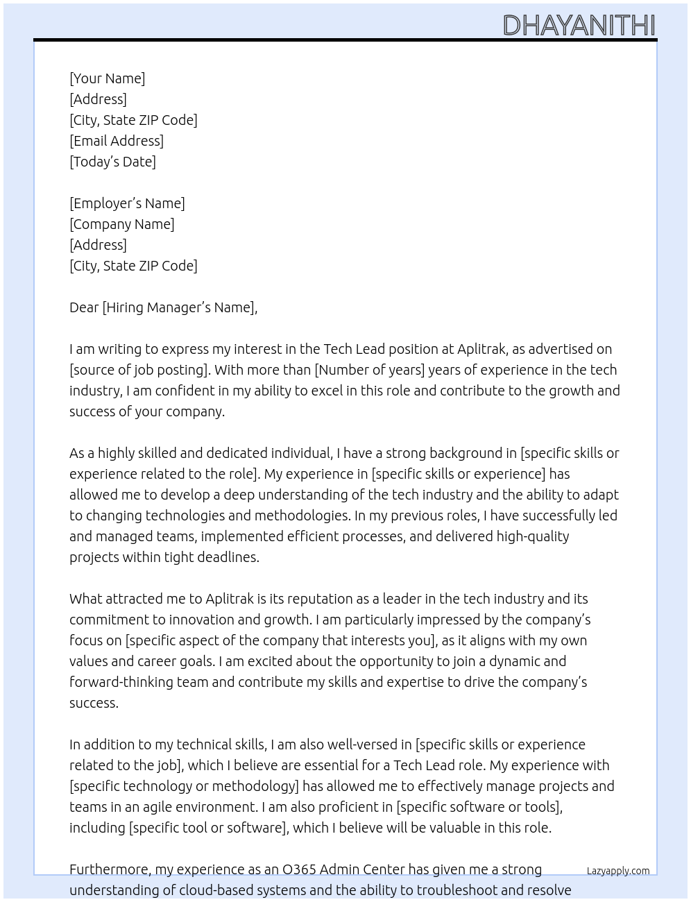 Cover letter for texh lead - LazyApply