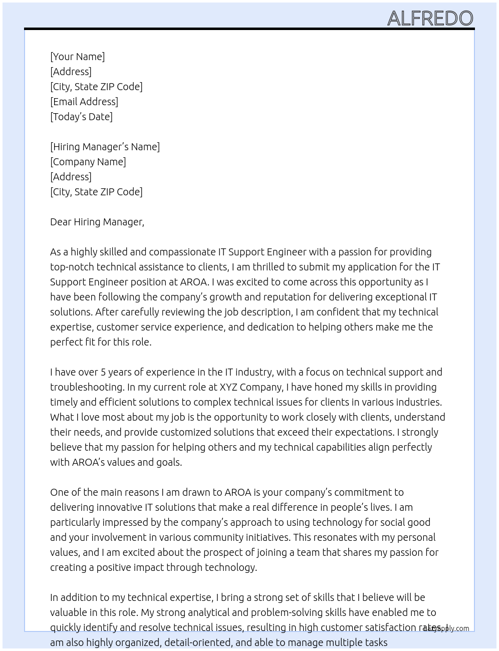 IT Support Engineer At AROA Cover Letter