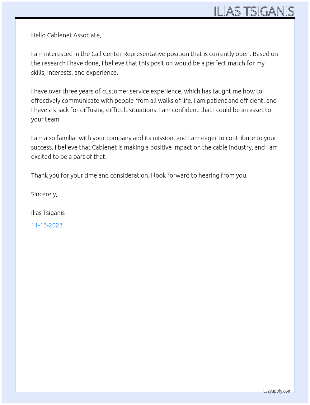 Call Center Representative At Cablenet Cover Letter