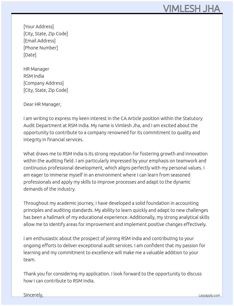 Ca article At RSM India Cover Letter