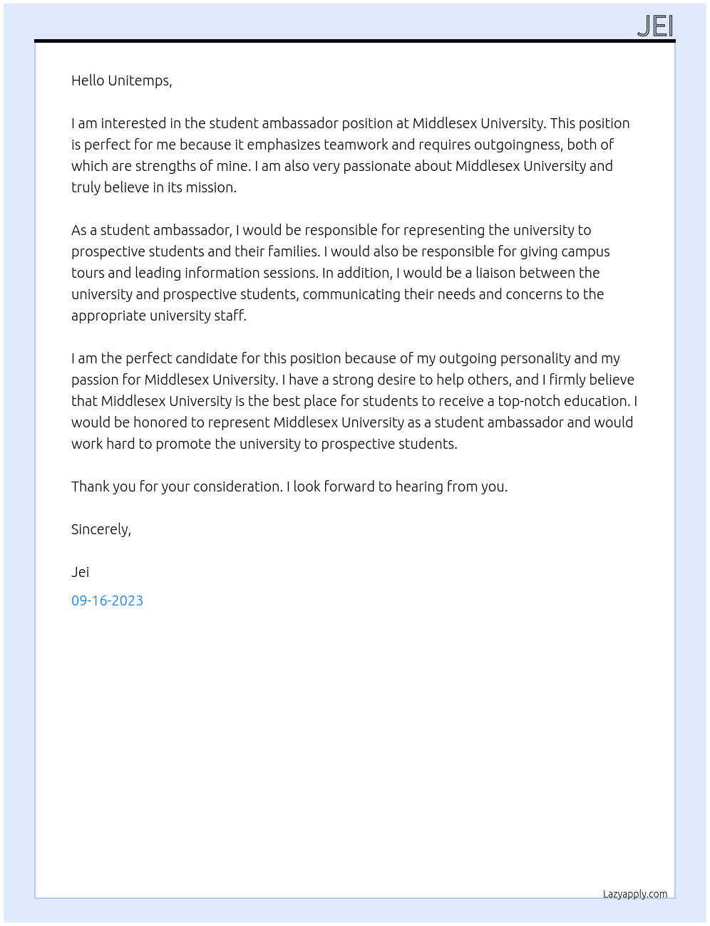Student ambassador At Middlesex university Cover Letter