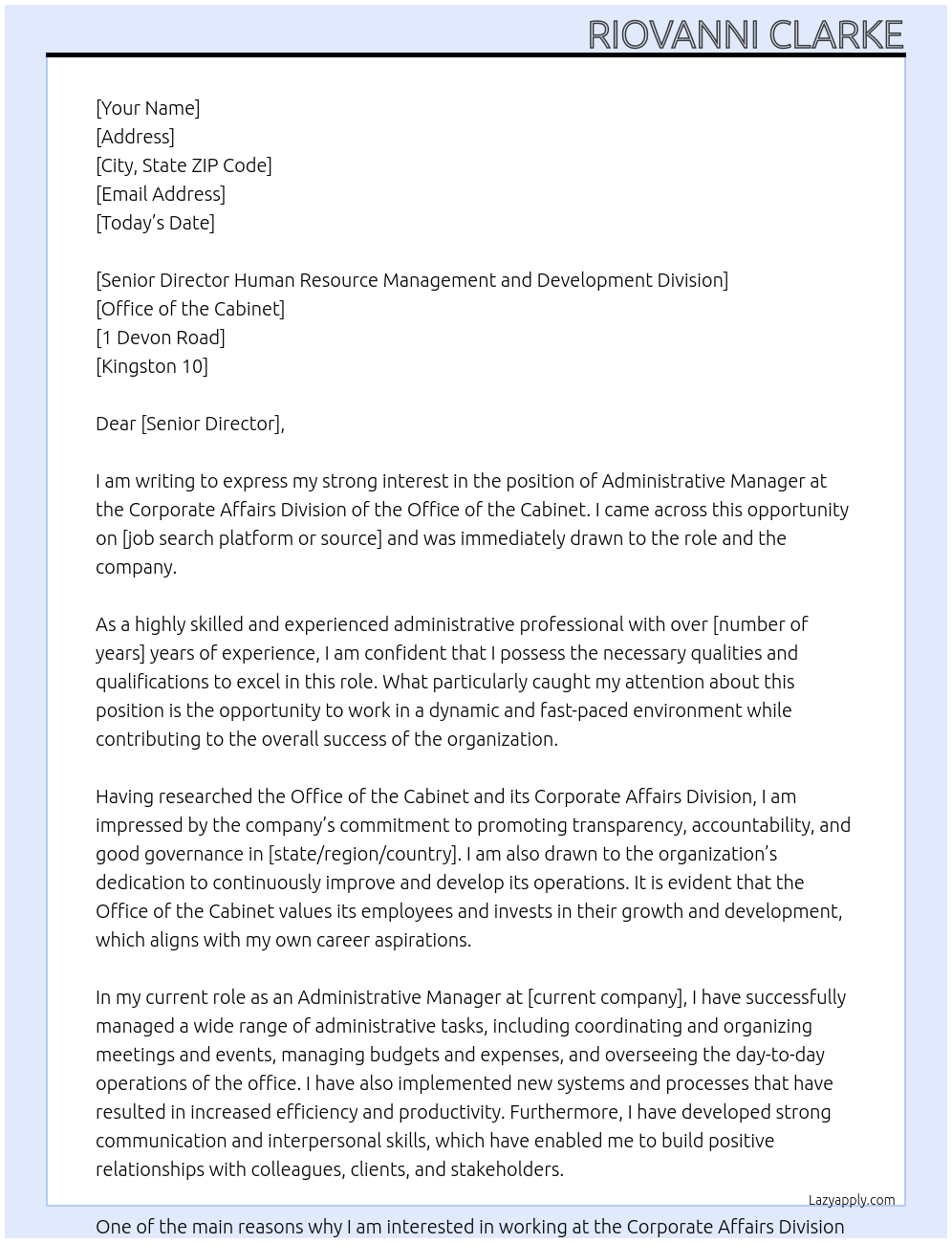 Administrative Manager At Corporate Affairs Division, Office of the Cabinet Cover Letter