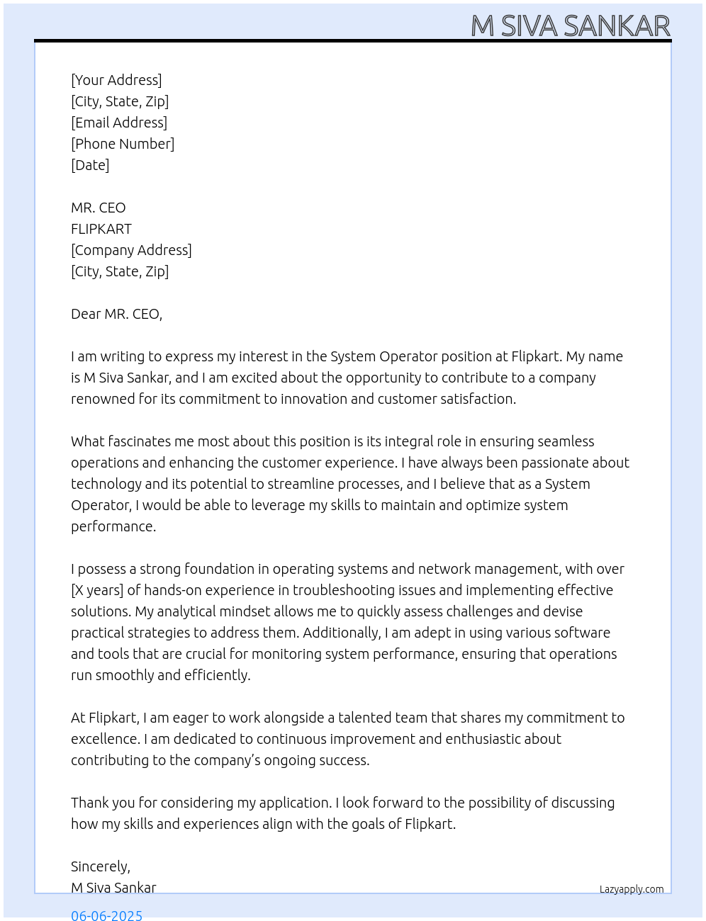 SYSTEM OPERATER At FLIPKART Cover Letter