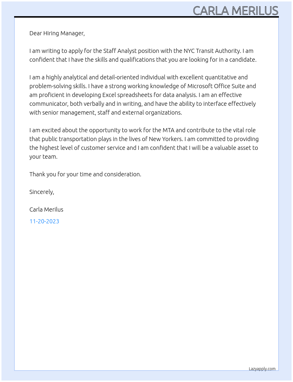 Staff Analyst  At MTA Cover Letter