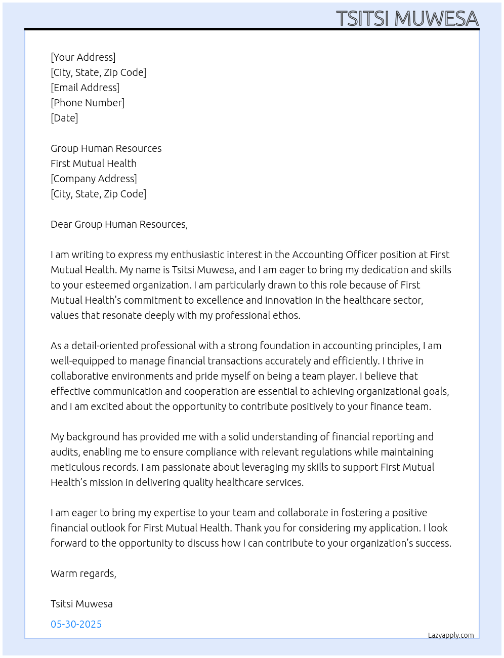 Accounting Officer At First Mutual Health Cover Letter