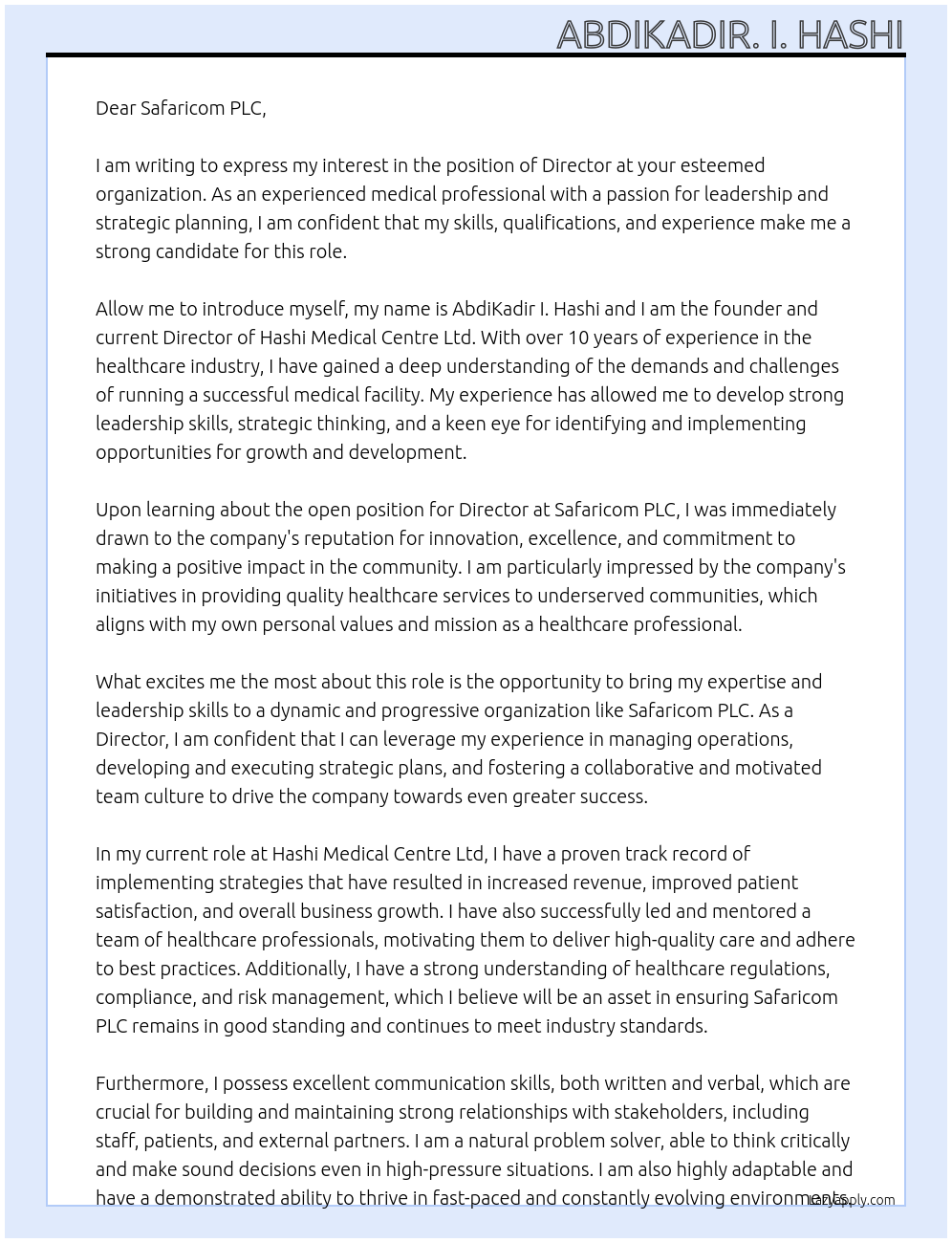 DIRECTOR At HASHI MEDICAL CENTRE LTD Cover Letter