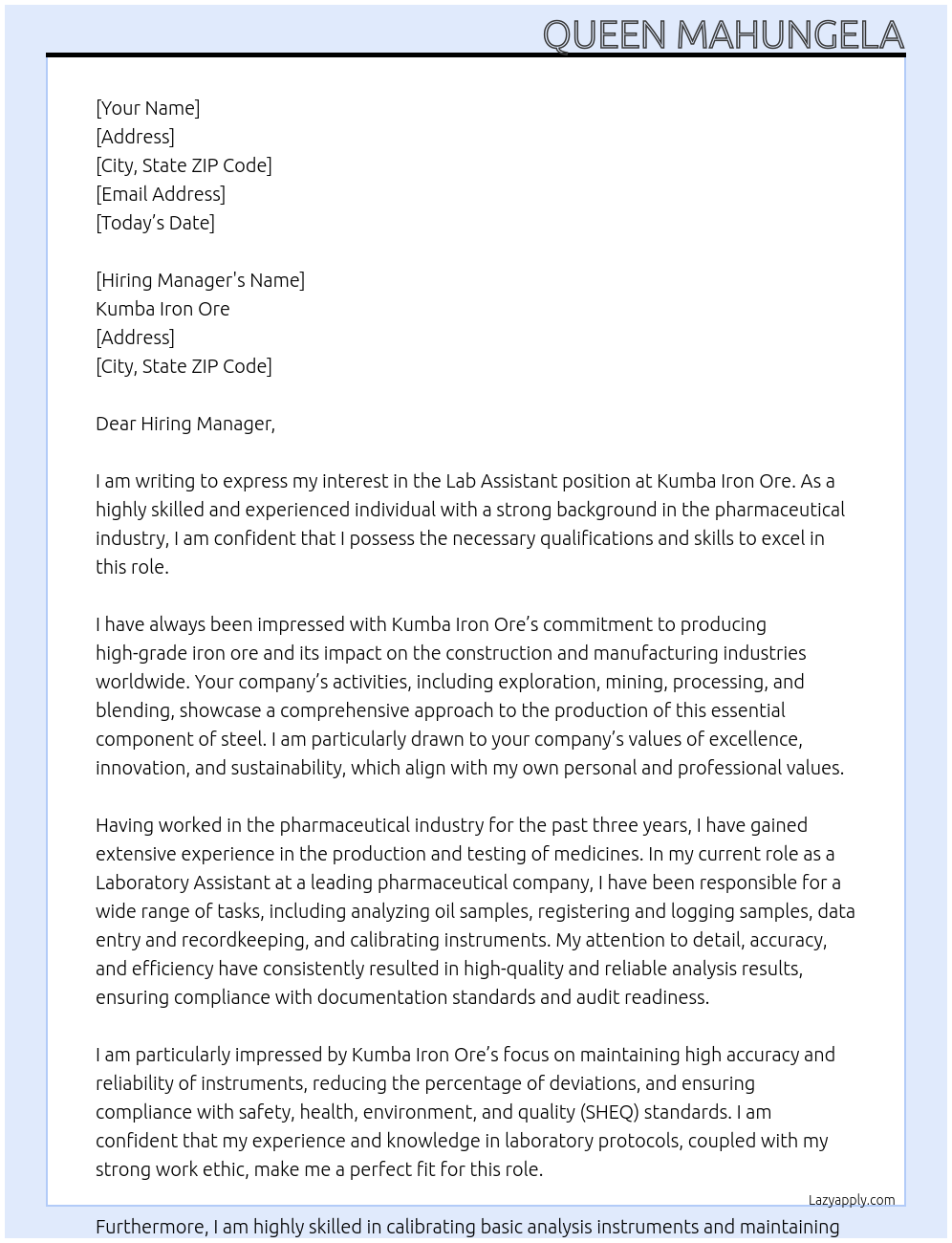 Lab Assistant At Kumba Iron Ore Cover Letter