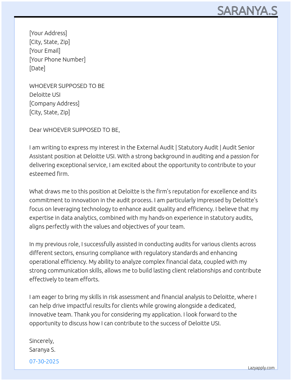 External Audit | Statutory Audit | Audit Senior Assistant At Deloitte USI Cover Letter