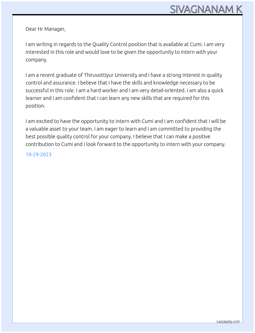 Quality control At Cumi Cover Letter