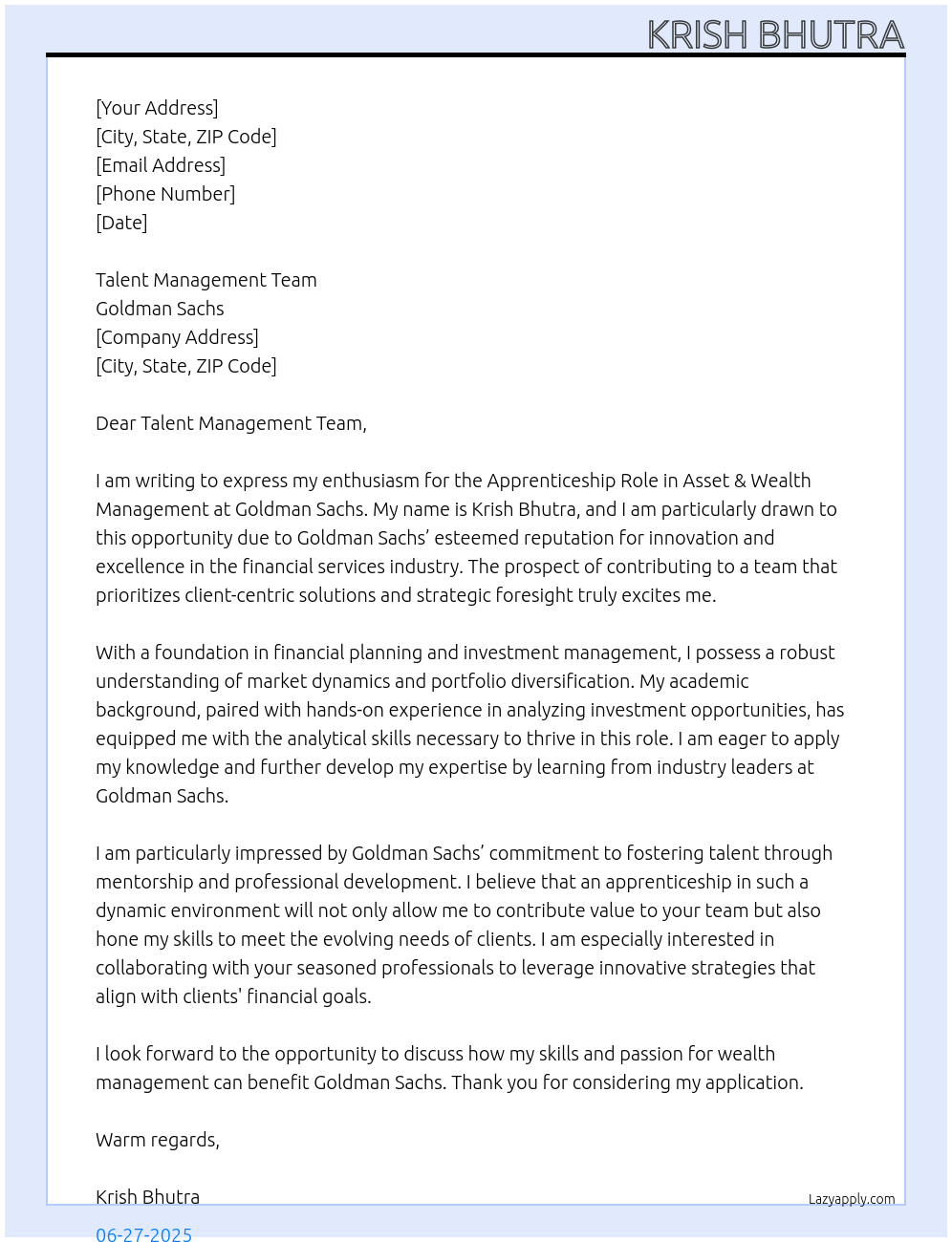 Cover letter for Goldman Sachs - LazyApply